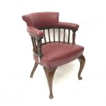 Mid to late century walnut framed library chair, upholstered in a red studded leather, cabriole leg,
