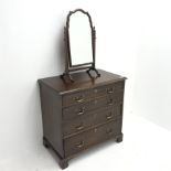 Small George III mahogany chest, moulded top, four graduating cockbeaded drawers, shaped bracket sup
