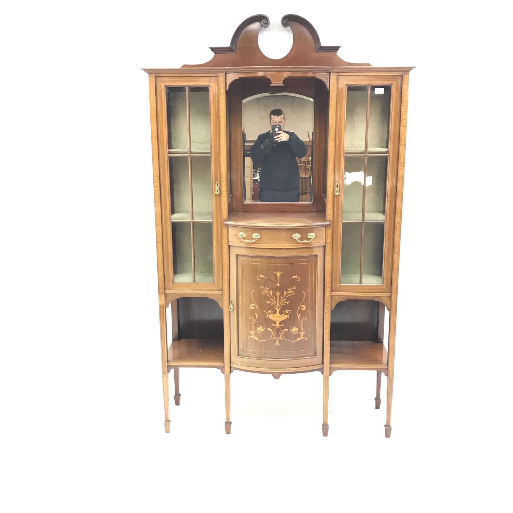 Edwardian inlaid mahogany breakfront display cabinet, swan neck pediment, mirrored centre, two glaze - Image 2 of 4