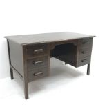 Early 20th century vintage oak twin pedestal desk, six drawers, square supports, W137cm, H77cm, D76c