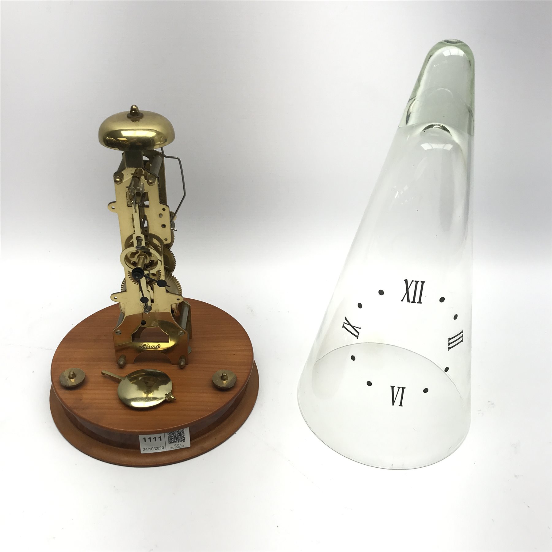 Hermle brass skeleton clock, single train driven movement, on circular fruitwood base with figured f - Image 3 of 4