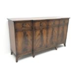 Georgian style inlaid mahogany breakfront sideboard, four drawers above four cupboard doors, shaped