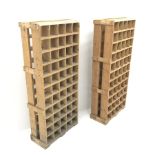 Pair rustic pine wine racks, 110 bottle spaces in total, W60cm, H134cm, D26cm