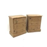 Pair solid pine bedside lamp chests, three drawers, plinth base, W51cm, H61cm, D30cm