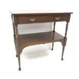 Edwardian walnut side table, moulded top, single drawer, turned supports joined by solid undertier,