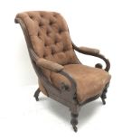 Victorian mahogany framed armchair, upholstered in deep buttoned chocolate fabric, turned supports,