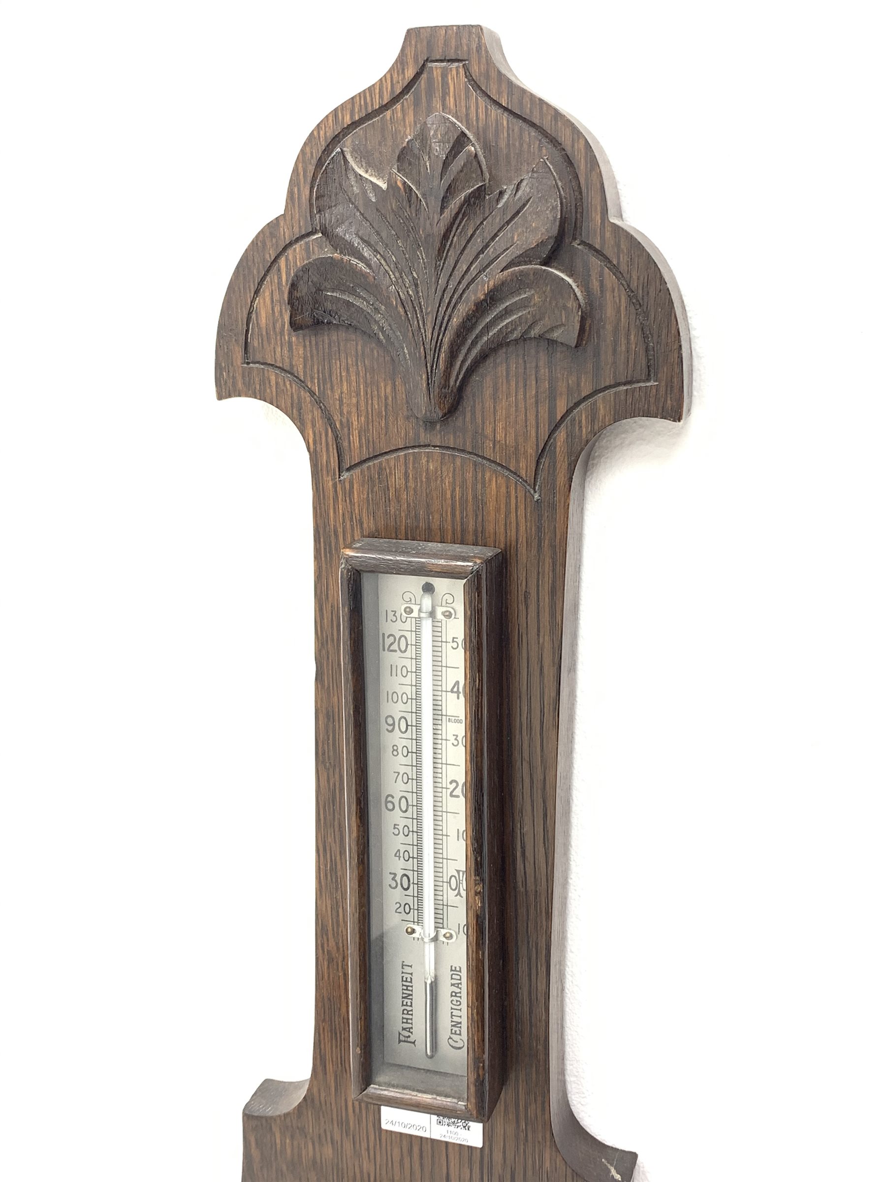 Early 20th century oak barometer, shaped pediment with foliage carved mount, mercury thermometer and - Image 3 of 3