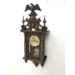 Late 19th century Vienna style wall clock, walnut, beech and ebonised case, twin train movement stri