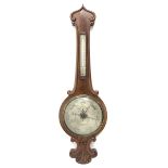 Victorian figured mahogany barometer, pointed arched pediment above mercury thermometer, silvered di
