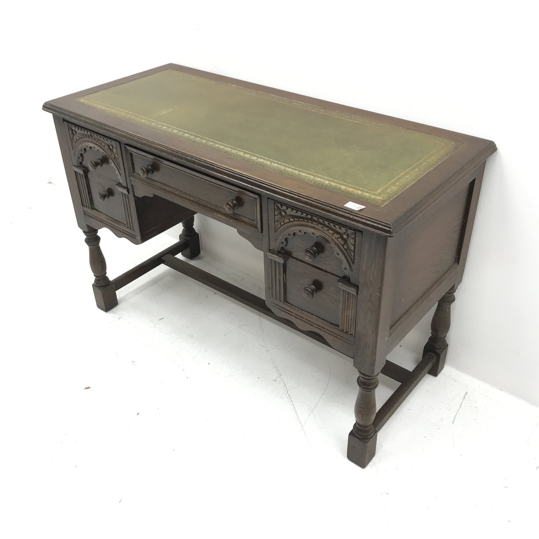 Mid 20th century oak writing desk, green leather inset top, five drawers, baluster supports joined b - Image 3 of 4