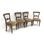Set four Victorian mahogany framed balloon back dining chairs, upholstered seat, turned tapering sup