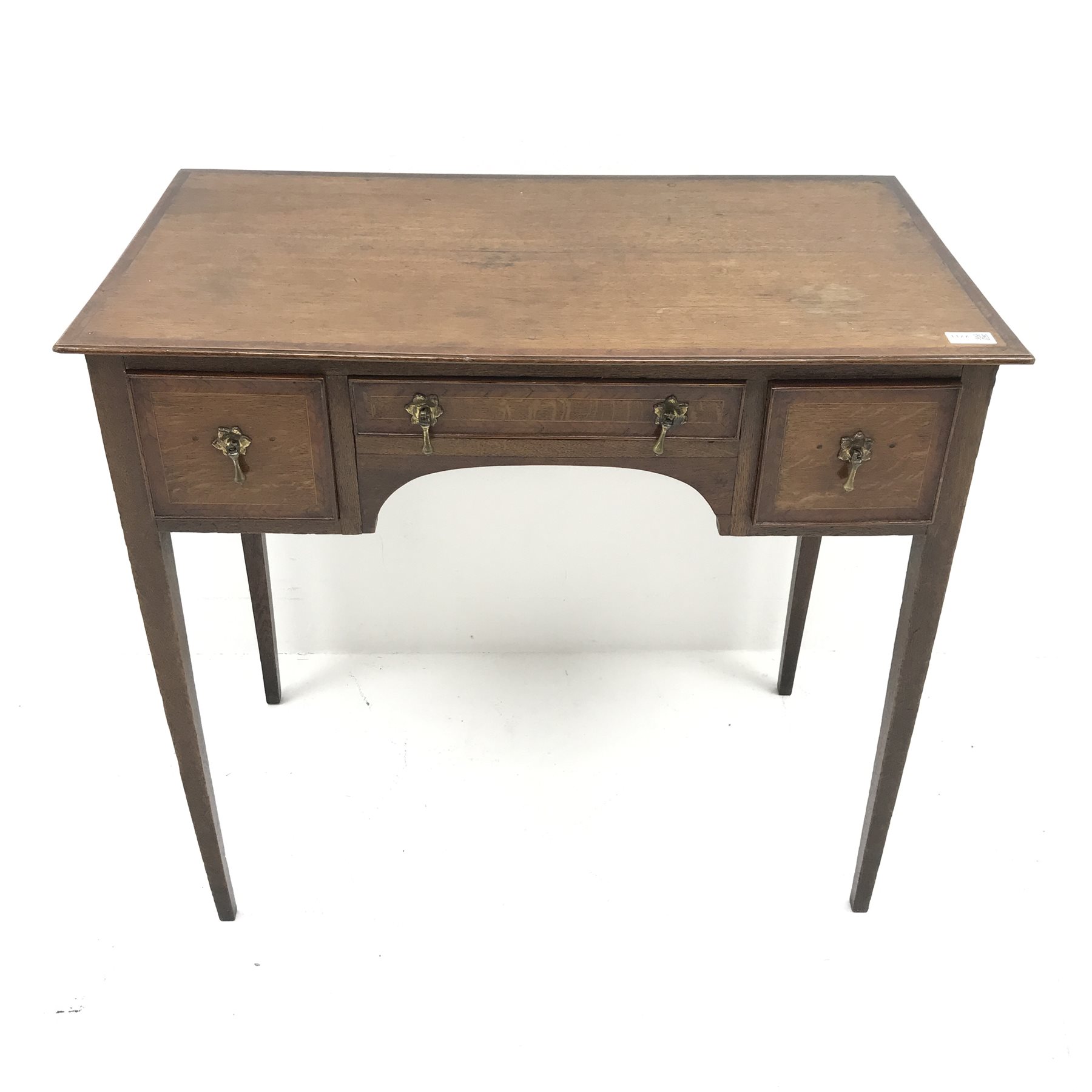 19th century inlaid and crossbanded oak lowboy side table, two short and one long drawer, square tap