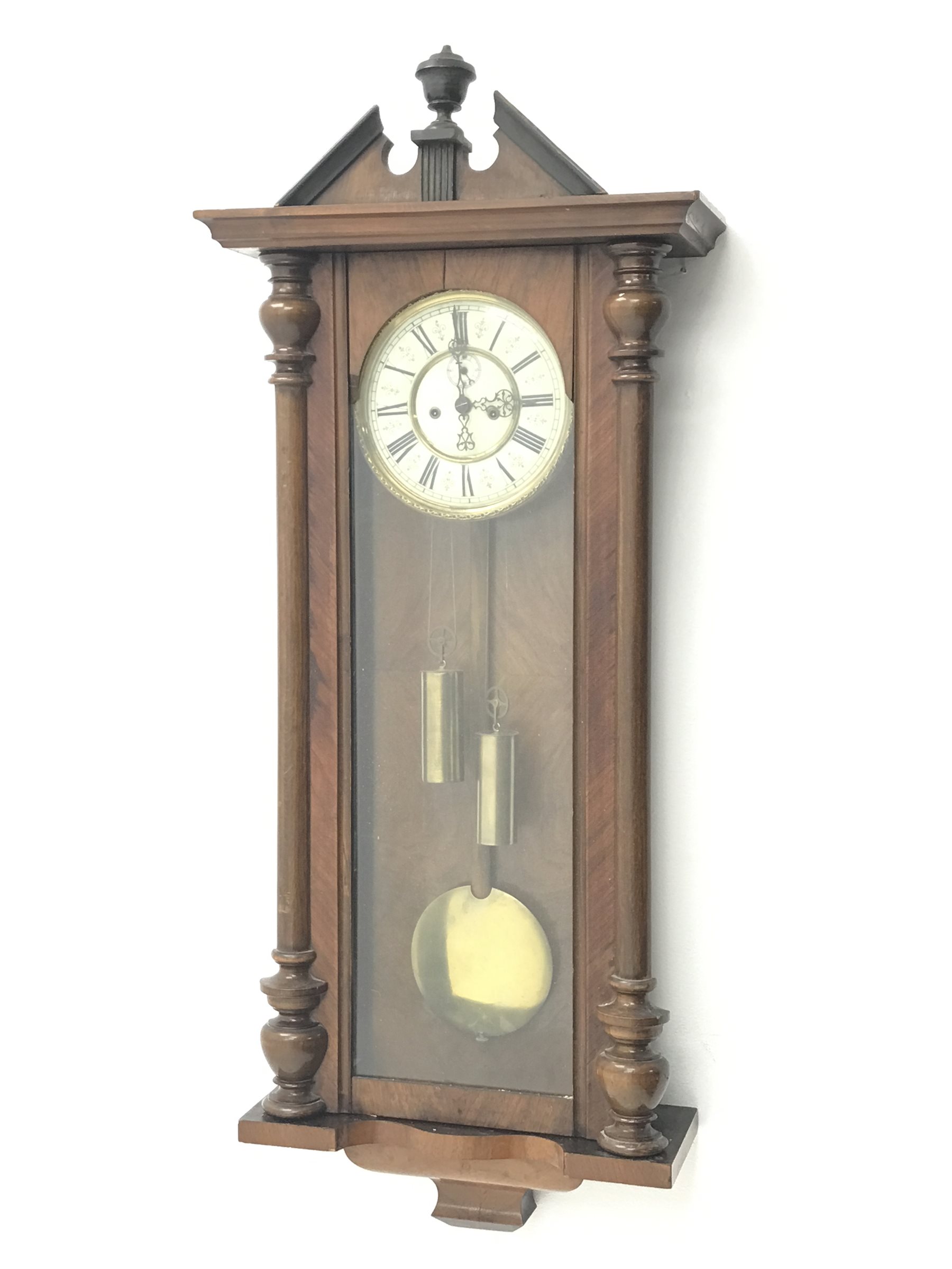 Late 19th century Vienna type wall clock, walnut and beech cased, eight day movement striking the ho