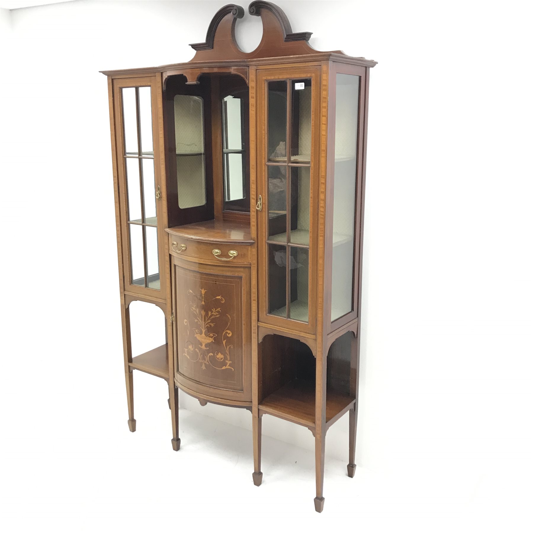 Edwardian inlaid mahogany breakfront display cabinet, swan neck pediment, mirrored centre, two glaze - Image 3 of 4