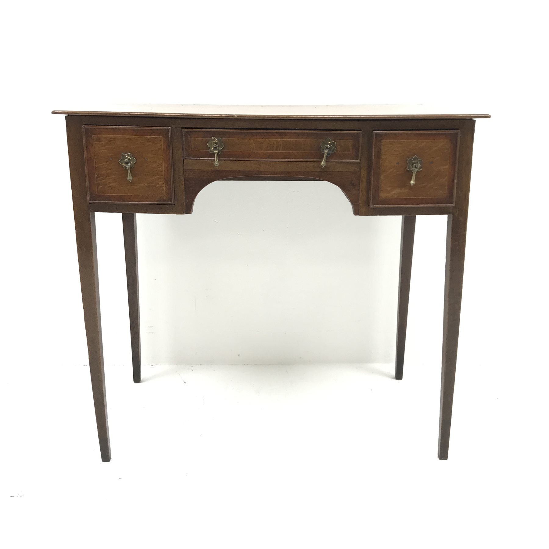 19th century inlaid and crossbanded oak lowboy side table, two short and one long drawer, square tap - Image 2 of 5