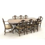 Rackstraw - Georgian style mahogany twin pedestal dining table with single leaf, turned columns on s