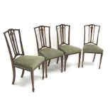 Set Edwardian four inlaid mahogany chairs, shaped cresting rail, upholstered seat, square tapering s