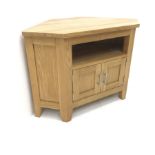 Light oak corner television stand, single shelf above two cupboard doors, stile supports, W94cm, H63