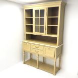 Painted dresser, projecting cornice, two display doors above two central drawers flanking two cupbo