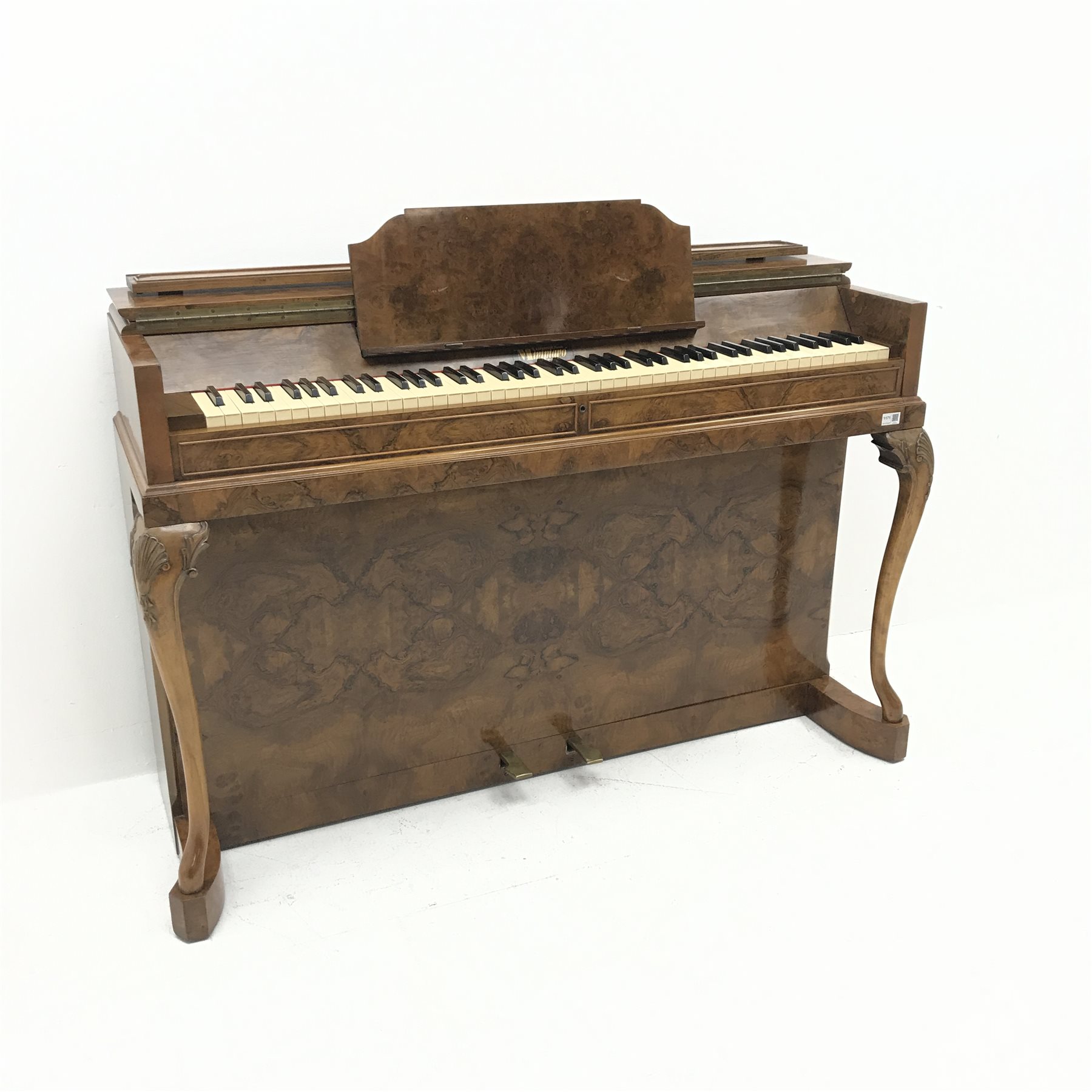 Mid century Evestsaff Pianette 'Minipiano' walnut cased piano, shell carved cabriole supports, retai - Image 3 of 5