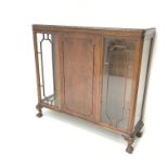 20th century mahogany bookcase display cabinet, two glazed doors flanking central cupboard, cabriole