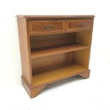 Reproduction inlaid yew wood open bookcase, two drawers, shaped bracket supports, W77cm, H75cm, D28c