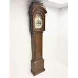 Early 19th century oak and walnut automaton longcase clock, sarcophagus top hood above stepped arch