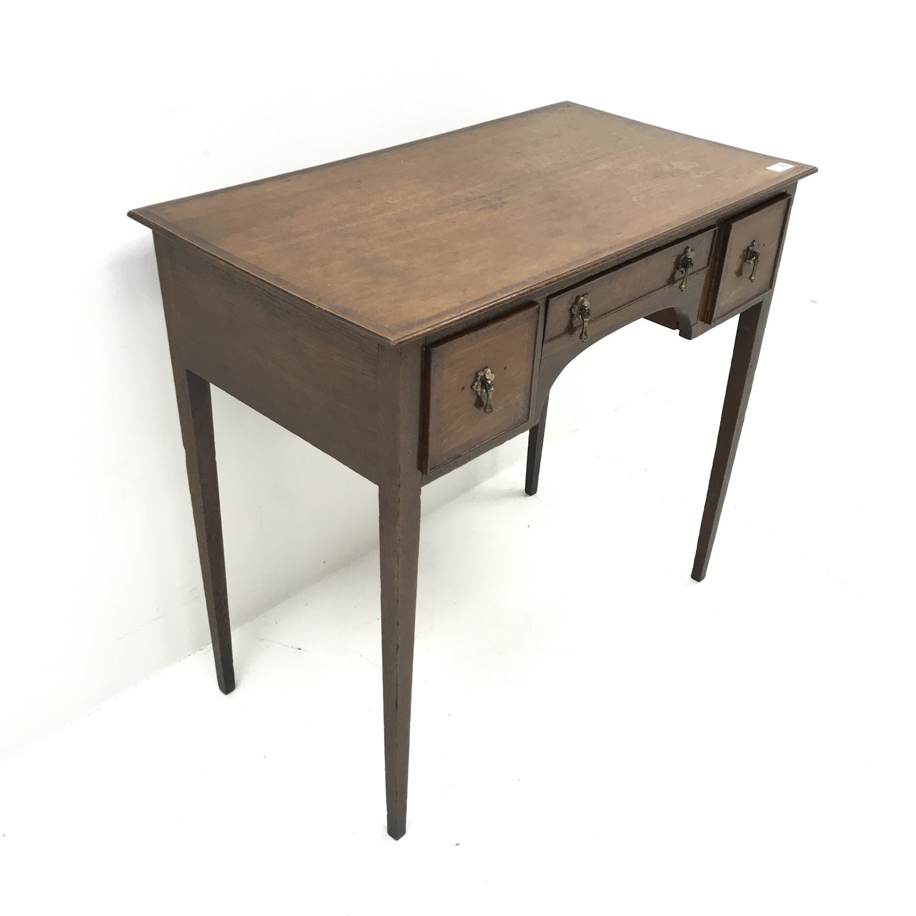 19th century inlaid and crossbanded oak lowboy side table, two short and one long drawer, square tap - Image 3 of 5