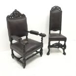 Jacobean style oak library chair, floral carved and pierced cresting rail, upholstered back seat and