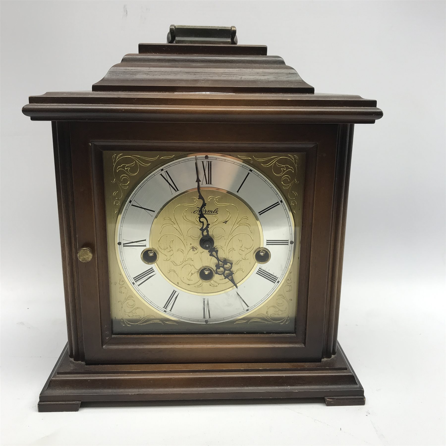 Hermle bracket clock, stained beech case, engraved dial with Roman chapter ring, triple train driven - Image 2 of 4