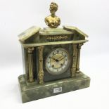 Victorian green onyx mantel clock, sloped arched pediment with gilt metal bust of a woman, decorated