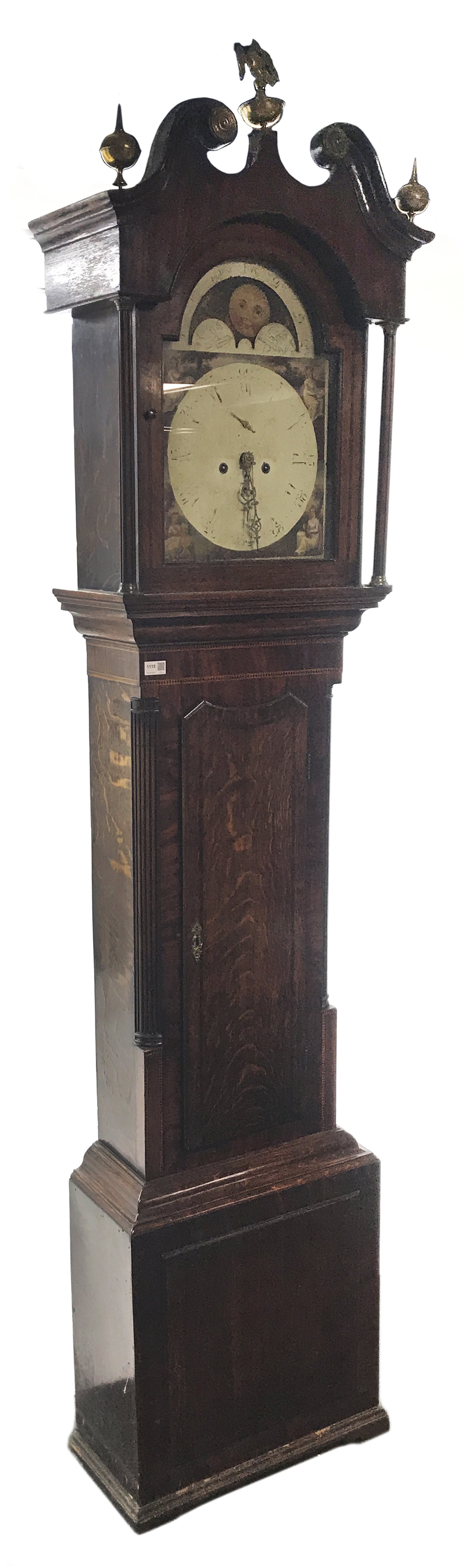 19th century oak and mahogany longcase clock, hood with scrolled pediment over stepped arch glazed d