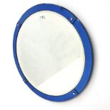 Art Deco circular wall mirror with blue tinted border, D62cm
