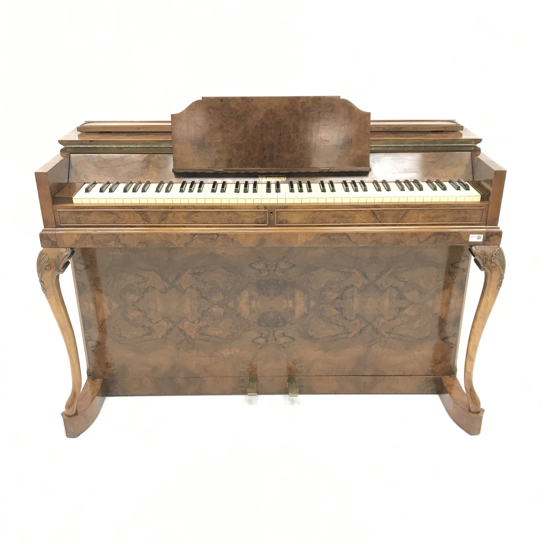Mid century Evestsaff Pianette 'Minipiano' walnut cased piano, shell carved cabriole supports, retai - Image 4 of 5