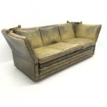 Vintage Knole three seat drop arm sofa upholstered in green studded leather, W230cm