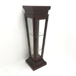 Mahogany tapered glass display pedestal, single door enclosing two glazed shelves, W36cm, H122cm, D3