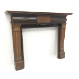Late Victorian oak fire surround, moulded cornice, dentil frieze, shaoed and reeded supports, W183cm