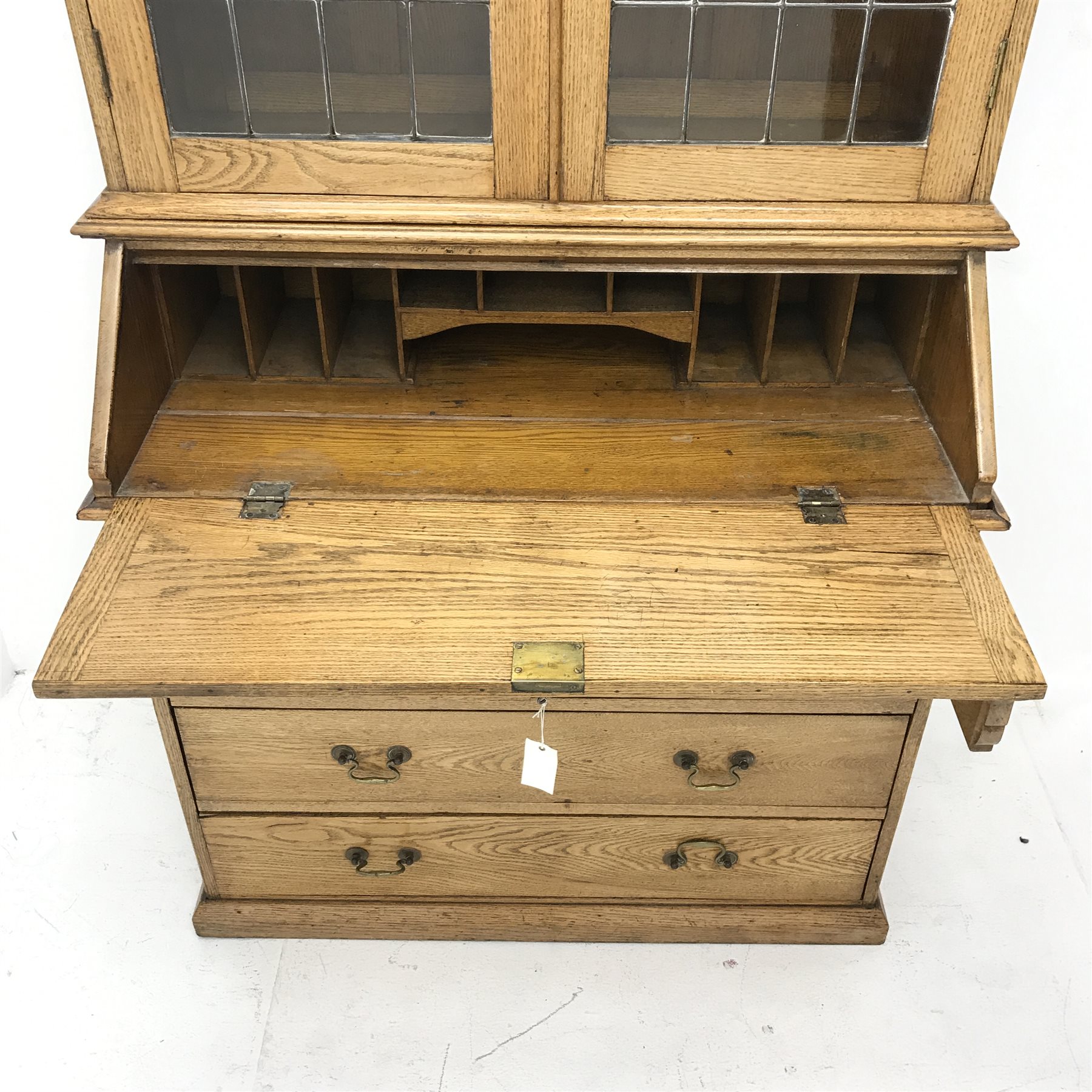 Early 20th Century light oak bureau bookcase, two lead glazed doors, three adjustable shelves above - Image 4 of 5