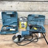 Makita 9069 9' 110V grinder, Makita HR2410 110V SDS drill, a Mikita 4304T 110V jigsaw and a 110v tra