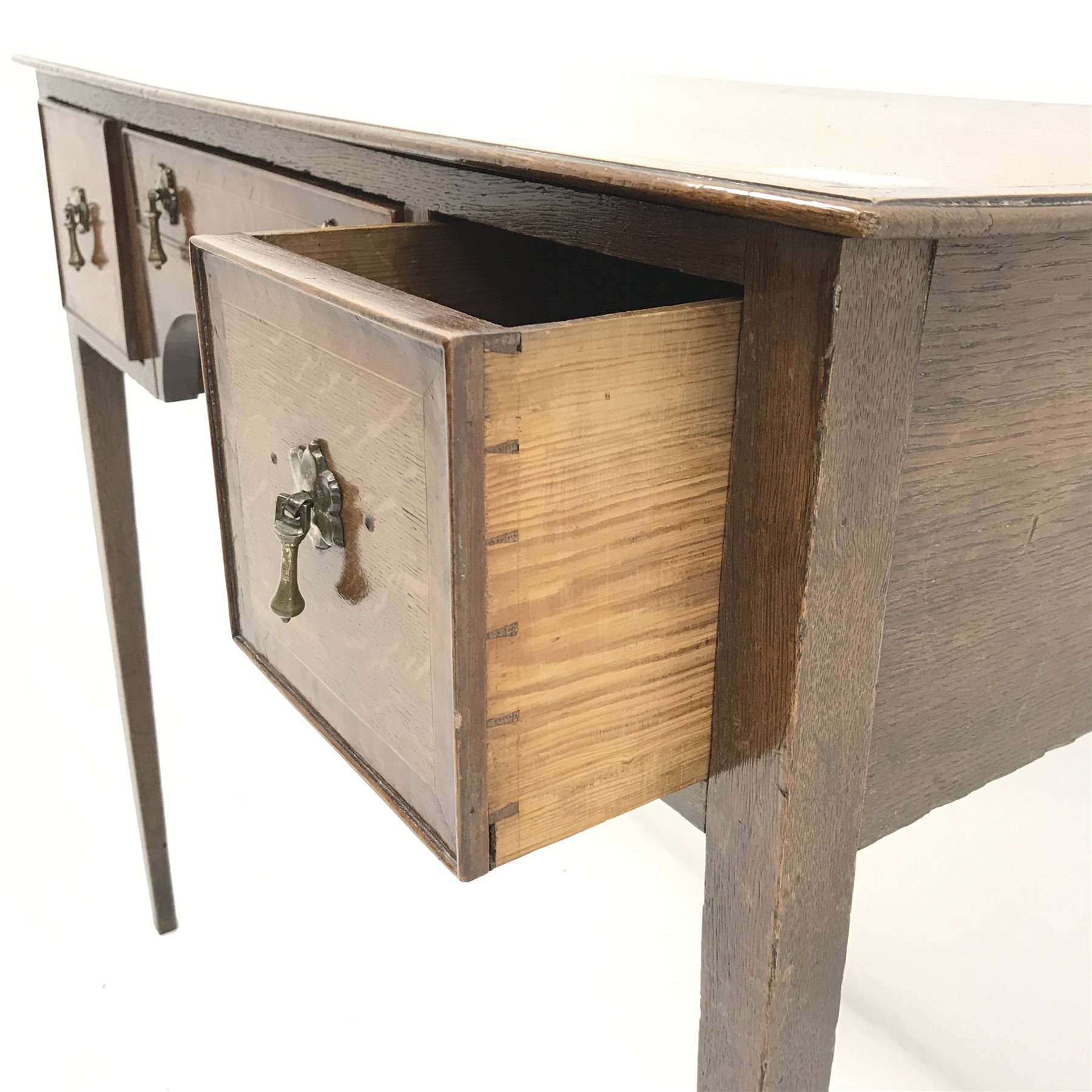 19th century inlaid and crossbanded oak lowboy side table, two short and one long drawer, square tap - Image 5 of 5