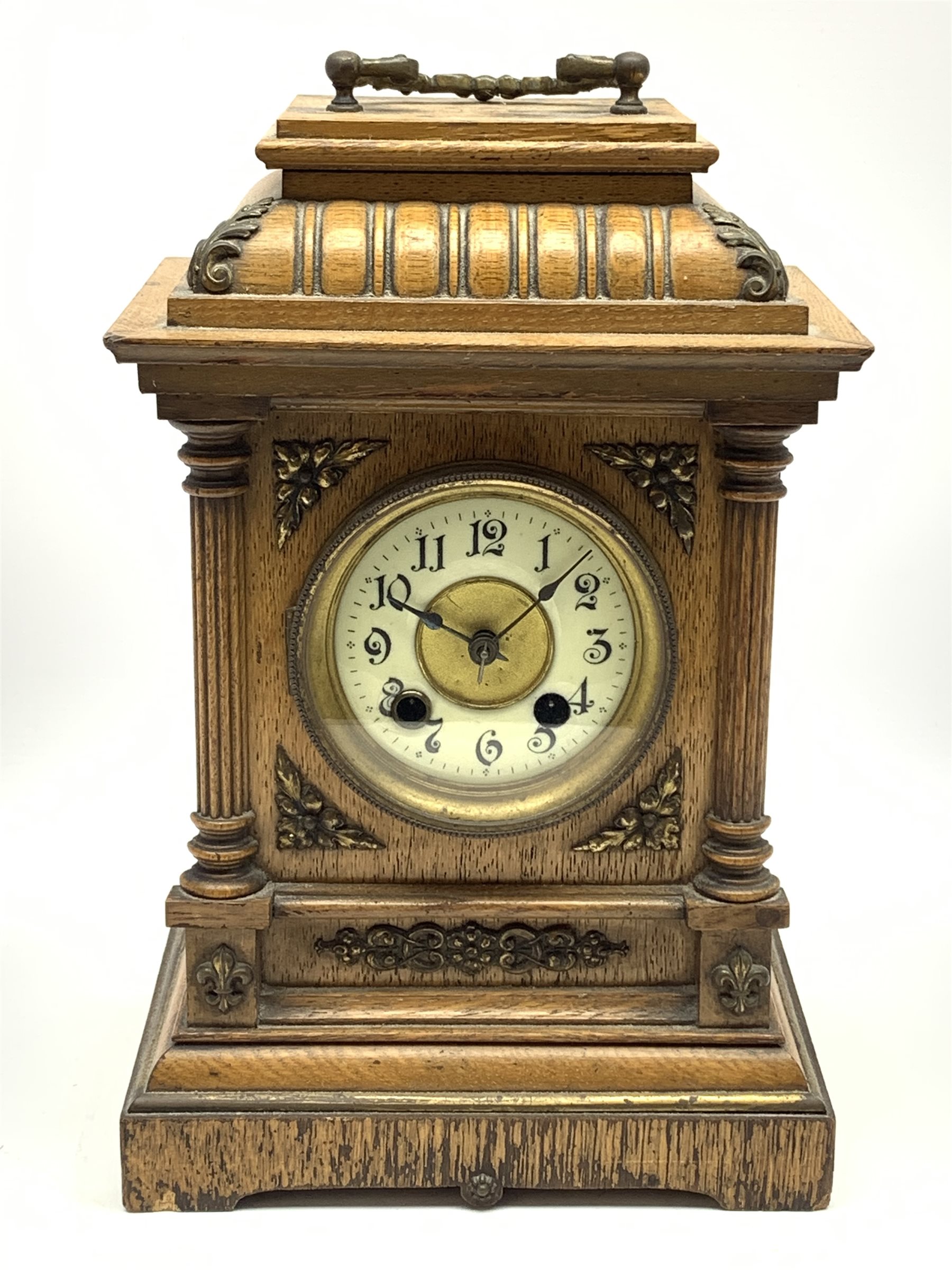 Late 19th century oak cased mantel clock, gadroon carved stepped pediment, circular dial with Arabic - Image 2 of 2