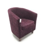 Modern tub shaped armchair upholstered in purple fabric, W70cm