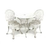 White painted wrought metal garden table (D69cm, H69cm) and two ornate chairs (W45cm)