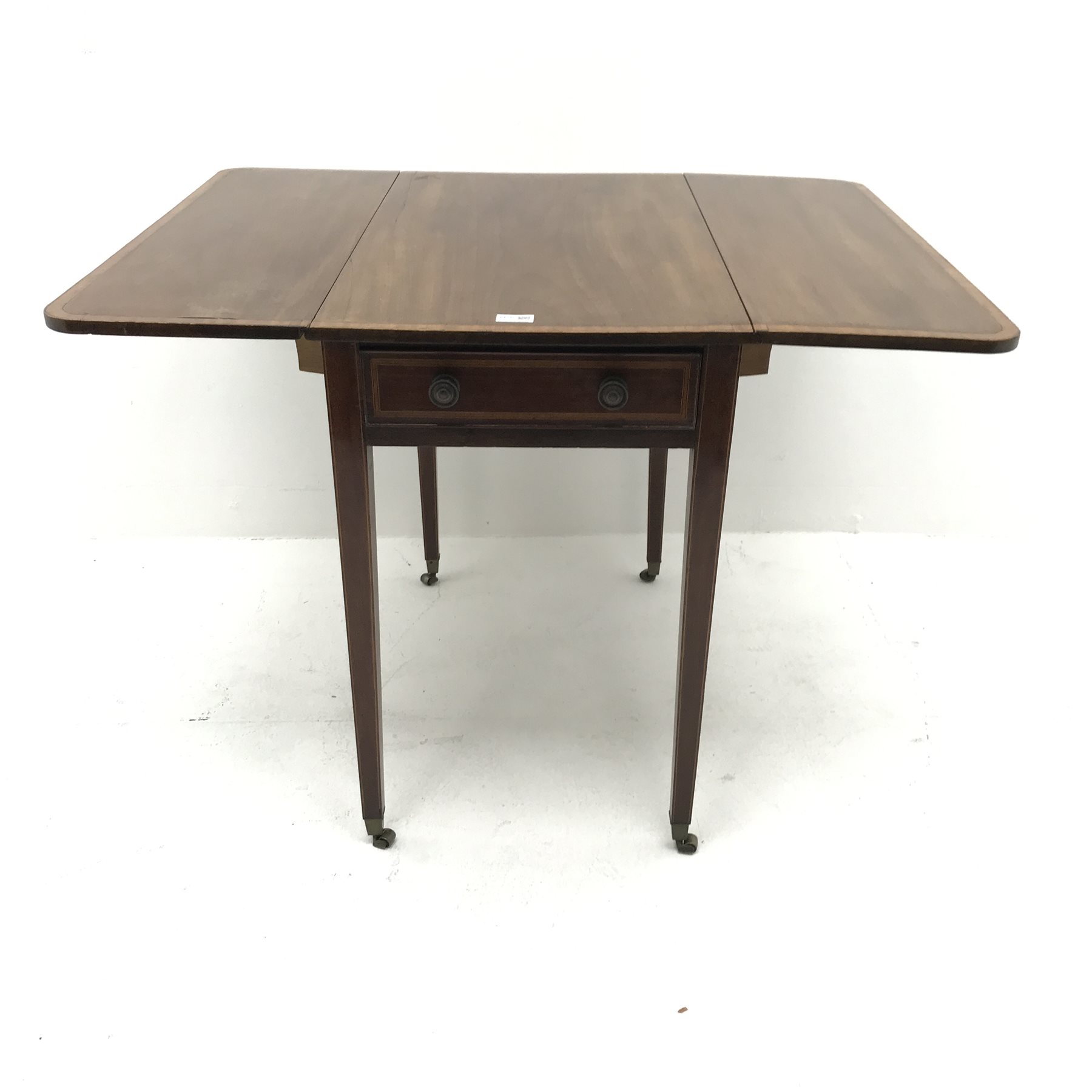 19th century crossbanded mahogany drop leaf Pembroke table, brass capped square tapering supports on - Image 4 of 4