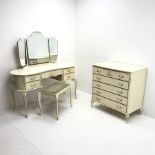 French style cream and gilt kidney shaped dressing table, raised three piece mirror back, five drawe