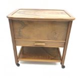 Art Deco style walnut trolley, hinged top with lined interior, single drawer, W63cm, H63cm, D45cm