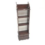Narrow mahogany open bookcase with two drawers, W34cm, H111cm, D20cm