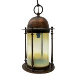 Arts and Crafts copper hall lantern, of cylindrical form with merging vaseline glass shade beneath a
