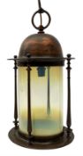 Arts and Crafts copper hall lantern, of cylindrical form with merging vaseline glass shade beneath a