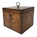 18th century Sheraton style mahogany tea caddy, of cuboid form with banded quarter veneered top, inl
